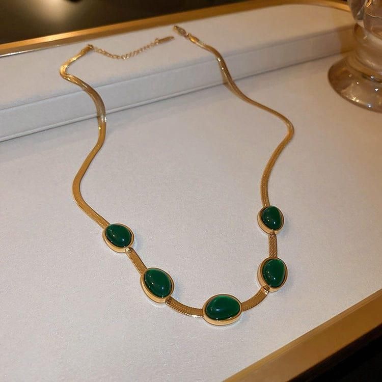 Russian Oval Green Crystal Pendant Necklace Set With Bracelet