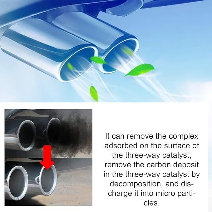 Illustration showing clean exhaust pipe with green leaves and comparison of dirty and clean exhaust pipes for fuel injector cleaner 100ml
