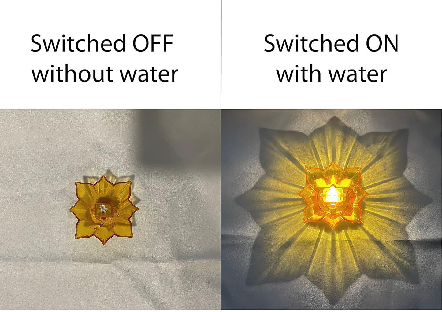 Electric water sensor diyas showing switched off state without water and glowing switched on state with water