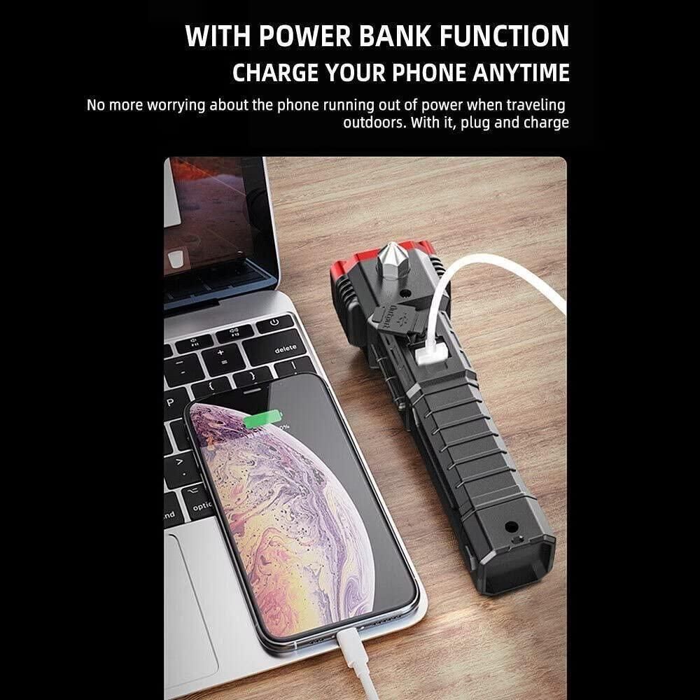 Portable rechargeable LED flashlight with power bank function charging a smartphone on a wooden table