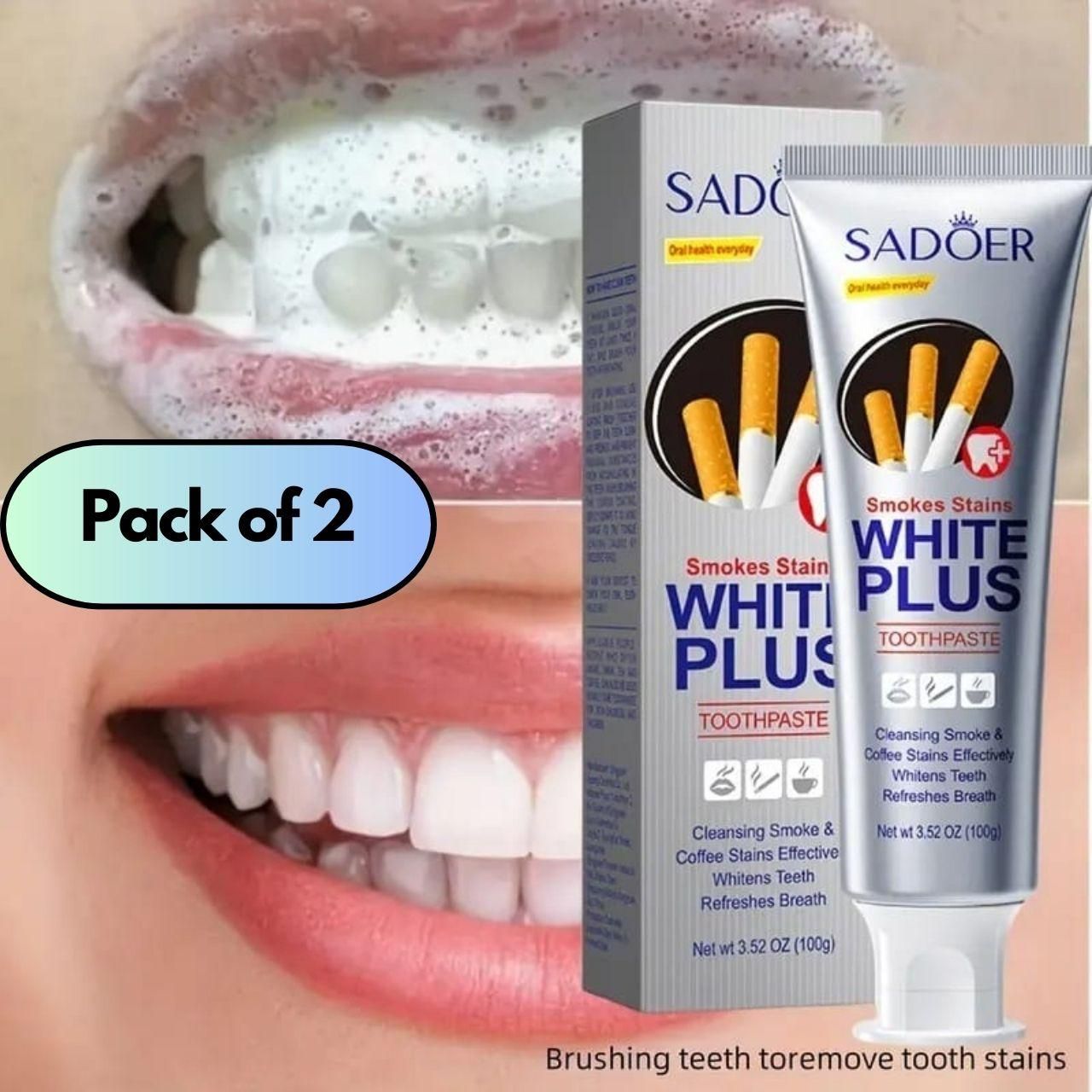 Pack of 2 Sadoer White Plus teeth whitening toothpaste for smokers with smoke and coffee stain removal