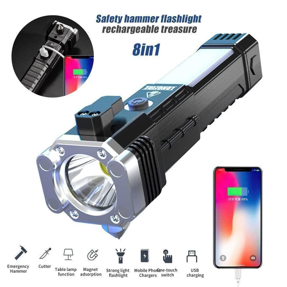 8in1 portable rechargeable LED flashlight with emergency hammer cutter and mobile phone charger feature