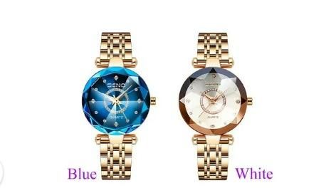 Diamond shaped ladies watch with gold band available in blue and white dial colors
